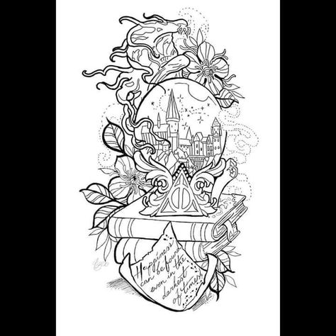 Harry Potter Tattoo Designs Drawings, Harry Potter Tattoo Stencil, Harry Potter Leg Tattoos, Harry Potter Sleeve Tattoo For Women, Harry Potter Half Sleeve Tattoo, Harry Potter Tattoos Sleeve, Harry Potter Inspired Tattoos, Harry Potter Tattoos Unique, Harry Potter Tattoo Designs