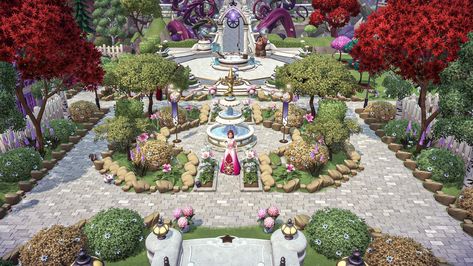 Pretty Fountain, Dreamland Ideas, Disney House Ideas, Game Loft, Disney Island, Valley Game, Mickey House, Plaza Design, Disney Dreamlight Valley