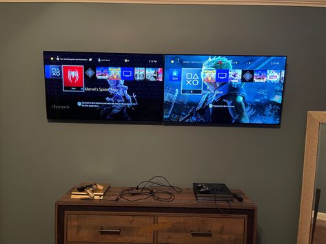 TVs mounted Side by Side.  Ready for the Game and the GAME !!! Two Tv Setup, Two Tvs In One Room Ideas Tv Walls, Multiple Tvs On Wall, Two Tvs In One Room Ideas, Mount Tv On Wall, Tv On Wall, Tv Hanging, Dream Man Cave, Tv Mounted