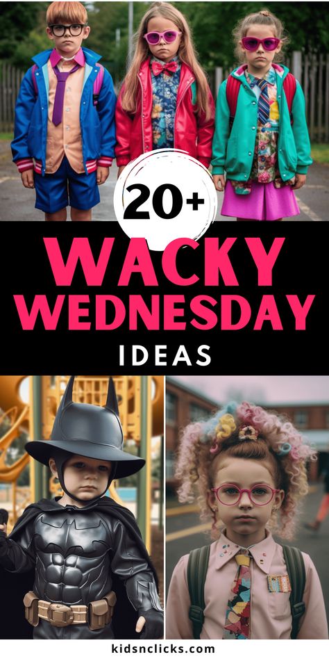 These 20+ Wacky Wednesday ideas include safe online fun as well as offline screen free fun for kids activities all year! Whether you’re searching for the perfect kids activity to liven up a sluggish classroom, shake up a mundane office, or simply have some goofy family fun, we have got you covered! Here are some fun wacky Wednesday ideas, offline and online. Click through to the blog for all of our favorite Wacky Wednesday activities! Easy Wacky Wednesday Outfits, Spirit Week Wacky Wednesday, Crazy Dress Up Day At School, Camping Dress Up Day At School, Waky Taky Dress Up Teachers, Wacky Costume Ideas, Wacky Outfit Day At School, Wacky Week Preschool, Wacky Day Outfits For Boys