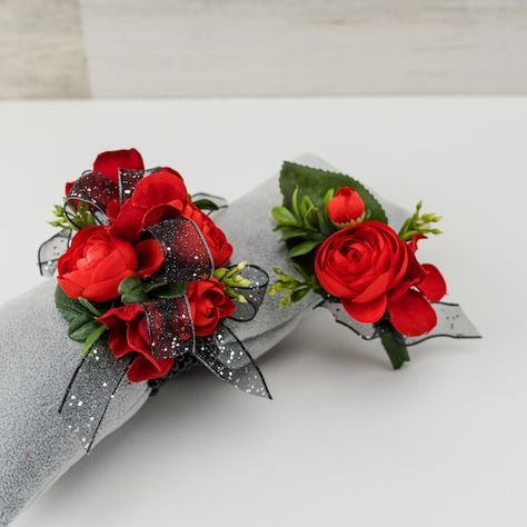 Red And Silver Corsage And Boutonniere, Prom Bracelet Corsage, Red Corsage And Boutonniere Prom, Red And Black Corsage And Boutonniere, Red Rose Corsage And Boutonniere, Prom Flowers For Red Dress, Corsage For Red Dress, Corsage For Black Dress, Corsage Prom Red