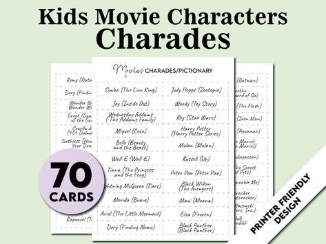 Printable Charades Game, 70 Kids Movie Characters Pictionary, Group Family Team Game for Kids and Adults, Family Movie Game Night Charades Kids Movie Characters, Charade Movie, Fairy Godmother Cinderella, Team Games For Kids, Charades Cards, Family Games For Kids, Cinderella Fairy Godmother, Charades Game, Kids Movie