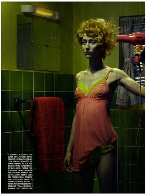 chromo thriller: alana zimmer by miles aldridge for vogue italia march 2012 Miles Aldridge, Bathroom Picture, Domestic Goddess, Unique Hair, Blow Dryer, Vogue Italia, Beauty Style, What’s Going On, Photography Inspo