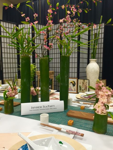 Japanese Party Centerpiece, Japanese Tea Party Ideas, Zen Garden Theme Party, Asian Tea Party, Japanese Garden Party Decorations, Asia Theme Party, Japanese Tea Party, Japanese Decor Ideas Party, Japanese Decorations Party