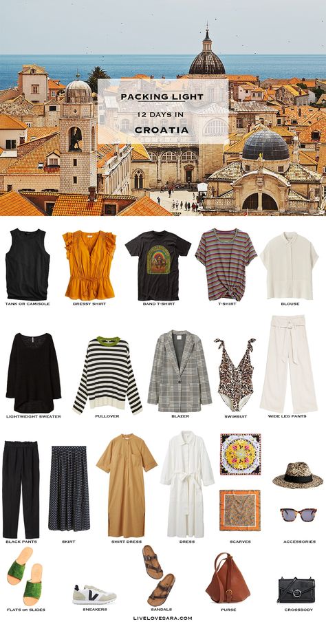 What to pack for 12 days in Croatia packing list | Croatia Outfit Ideas | What to Wear in Croatia | Mediterranean Packing list | Spring Packing List | Europe Outfit Ideas | What to Wear in Europe | Packing Light | Capsule Wardrobe | travel wardrobe | Summer packing list | travel capsule | livelovesara Outfits For Croatia, Croatia Packing List, Italy 2023, Light Beach, Vs Leggings, Packing Hacks, Light Travel, Travel Capsule, Luxurious Life