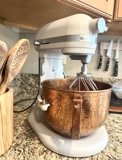 This 100% Copper Kitchenaid Bowl is one of the best purchases I have made for my copper filled kitchen! It's beautiful, functional and should last a lifetime!   #copper #copperkitchen #kitchenaid #kitcheninspo Copper Kitchenaid, Kitchenaid Bowl, Marble Accessories, Copper Bowl, Copper Pots, Copper Kitchen, Black Kitchen, Soap Holder, Black Kitchens