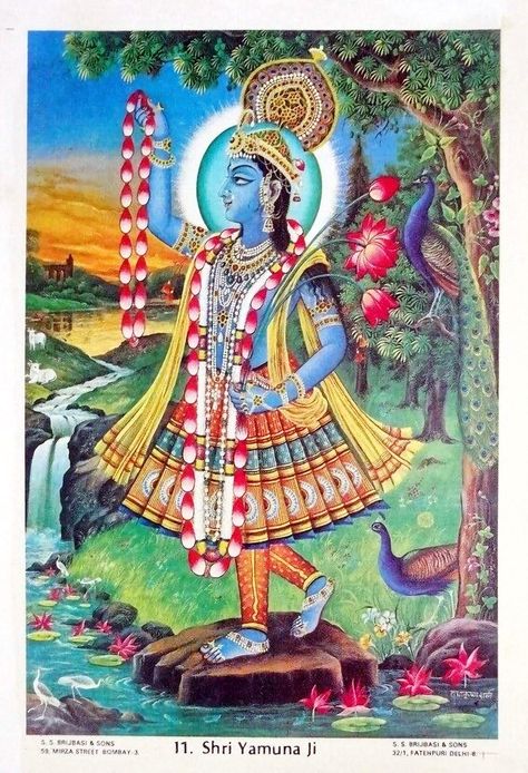 Shri Yamuna Ji Publisher: S. S. Brijbasi & Sons, Bombay. (via eBay: Allegory003) Yamuna Maharani, Yamuna Ji, Deities Art, Hindu Cosmos, Peacock Images, Spiritual Paintings, Krishna Statue, Baby Krishna, Pichwai Paintings