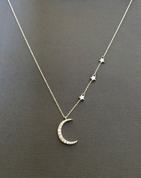 Gold Crescent Moon Necklace, Silver Moon Necklace, Crescent Moon Necklace Gold, Mother Daughter Jewelry, Stars Necklace, Gold Crescent Moon, Moon Necklace Silver, Diamond Bar Necklace, Necklace Star