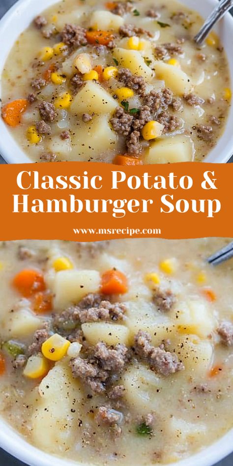 Classic comfort food made easy! This creamy potato & hamburger soup is packed with delicious flavors from ground beef, tender potatoes, and colorful veggies, perfect for a filling family meal. Potato Hamburger Soup, Ms Recipes, Soup Creamy, Hamburger Soup, Quick And Easy Soup, Creamy Potato, Beef Soup, Creamy Soup, Easy Soups