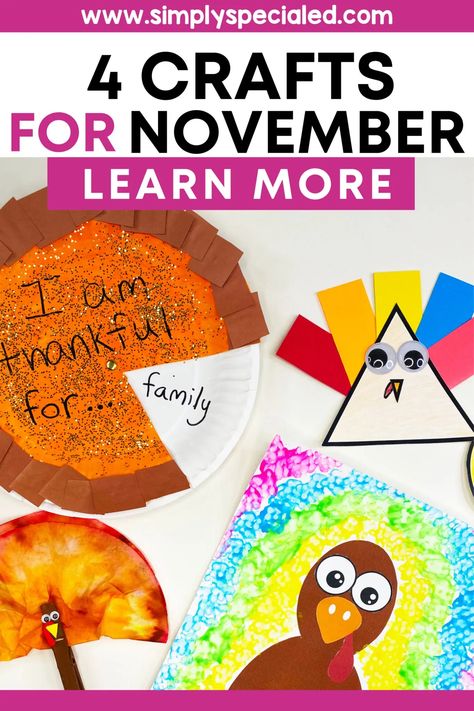 Creating crafts in my special education classroom is one of my favorite independent stations. These visual crafts for kids are easy for my special ed students to complete without much guidance and they love feeling independent. Today, I’m sharing 4 adapted Thanksgiving crafts for kids. I provide step-by-step directions for Q-Tip Turkey, Shape Turkey, Coffee Filter Turkey, and a Paper Plate Pumpkin Pie craft. These Thanksgiving crafts for special education students will be a huge hit. Thanksgiving After School Activities, Fall Craftivity Kindergarten, Pumpkin Thanksgiving Craft, Thanksgiving Lessons For First Grade, Give Thanks Crafts For Kids, Thanksgiving Crafts For 2nd Grade, November Pre K Crafts, Kindergarten November Crafts, Thanksgiving Fall Crafts