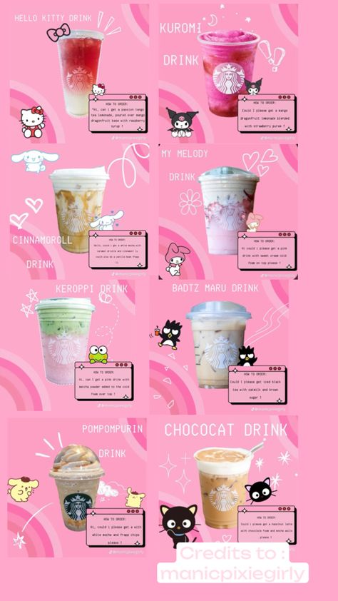 About Sanrio Characters, Starbucks Copycat Recipes Drinks, Starbucks Drink Menu, Starbucks Secret Menu Recipes, Cold Starbucks Drinks, Secret Starbucks Recipes, Starbucks Drinks Diy, Iced Starbucks Drinks, Healthy Starbucks Drinks