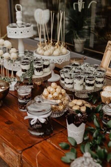 Brown Wedding Suit, Engagement Party Dessert Table, Wedding Treats Table, Wedding Cake Dessert Table, Woodland Wedding Decorations, Black Dessert, Buffet Dessert, Party Dessert Table, Black Wedding Cakes