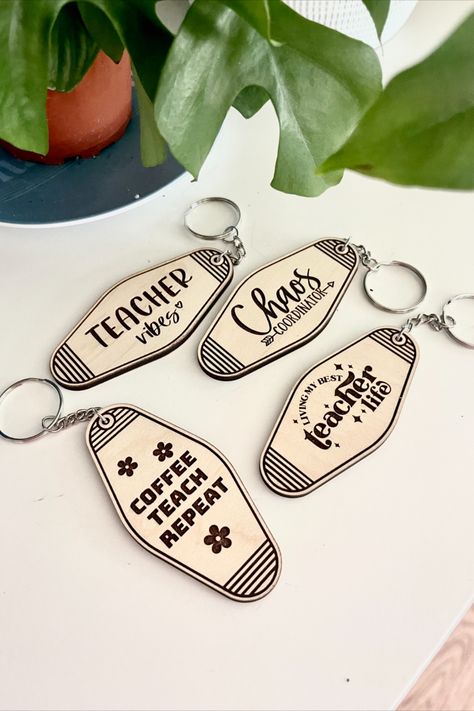 Teacher Appreciation Laser Gifts, School Keychain, Custom Teacher Appreciation Gifts, Teacher Keychain, Retro Motel, Classroom Accessories, Motel Keychain, Engraving Ideas, Laser Design