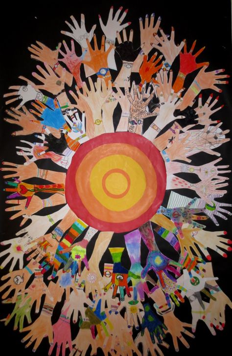 HANDS UP Mural realizado por alumnos de 4º de EP. Colegio Alameda de Osuna. Hand Art Projects, Group Art Projects, Peace Poster, Harmony Day, Montessori Art, 6th Grade Art, Classroom Art Projects, Jr Art, Collaborative Art