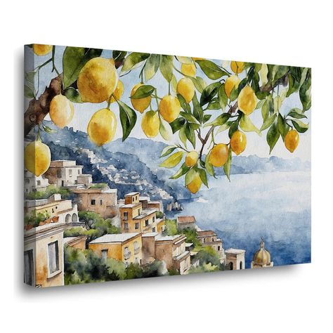 PRICES MAY VARY. [Description]: This watercolor painting is a view of Positano seen from a balcony. The city's beautiful houses are scattered in the background, blending in with the blue sky and turquoise sea. Bright, juicy lemon tones give the painting a fresh and lively feel. This print embodies the beauty and charm of Positano, perfect for lovers of Mediterranean style and those who dream of traveling to this picturesque corner of Italy. 【SIZE & FRAME】: There are many sizes to choose from: 8x Amalfi Coast Room Decor, Amalfi Coast Painting, Coast Painting, Blue Room Decor, Sea Bright, Watercolor Lemon, Tree Artwork, Blue Room, Lemon Decor