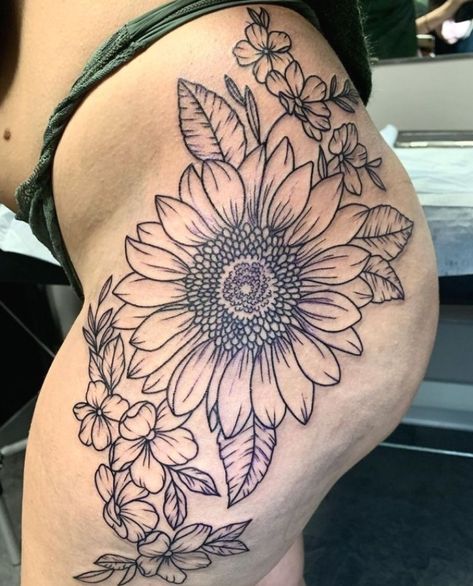 Sunflower Tattoo Thigh, Flower Hip Tattoos, Sunflower Tattoo Sleeve, Sunflower Tattoo Shoulder, Hip Thigh Tattoos, Hip Tattoos Women, Harry Potter Tattoos, Sunflower Tattoos, Wolf Tattoos