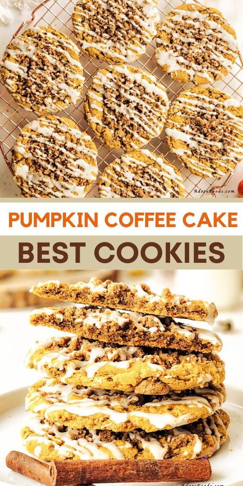 Satisfy your sweet tooth with these irresistible Pumpkin Coffee Cake Cookies! Combining the best of coffee cake and pumpkin cookies, this recipe is a must-try for any fall baking enthusiast. Soft, moist, and topped with a sweet streusel, they’re perfect for any occasion. #BestPumpkinFlavoredCookies #FallCookies #FallTreat #PumpkinTreats #CookiesWithStreusel Pumpkin Coffee Cake Cookies, Work Desserts, Pumpkin Cookies Healthy, Coffee Cake Cookies, Pumpkin Coffee Cake, Cookie Dough Ingredients, Fall Cookie Recipes, Pumpkin Coffee Cakes, Quick Cake