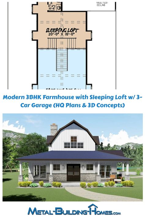 Discover a stunning residential design inspired by barndominium style architecture. This unique concept combines the rustic charm of a barn exterior with elegant board and batten paneling, complemented by generous windows that flood the interior with natural light. Barn Exterior, House Concept, 3d Concept, Sleeping Loft, Complete Bathrooms, Wrap Around Porch, 3 Car Garage, Shared Bedrooms, Metal Building Homes