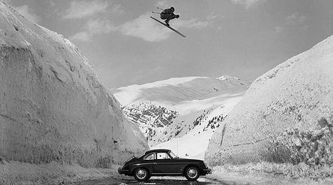 Vintage Photo Art: Famous ‘Porsche 356 leap’ by Truöl to be sold - Classic Driver - MAGAZINE - Classic Life Vintage Ski Photos, Mode Au Ski, Antique Skis, Ski Art, Porsche Classic, Ferdinand Porsche, Ski Posters, Ski Jumping, Vintage Porsche