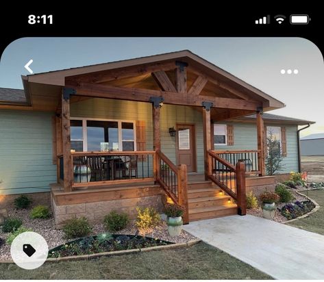 Cedar Porch, Manufactured Home Porch, Mobile Home Front Porch, Mobile Home Exteriors, House Front Porch, Porch Remodel, Diy Front Porch, Front Porch Design, Mobile Home Porch