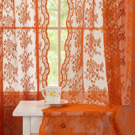 PRICES MAY VARY. Sold as pair,2 Panels lace burnt orange curtains 84 Inch Long included, each panel measuring 52"W x 84"L. Crafted from high-quality, durable soft lace fabric.Super easy to hang and slide. Rustic Romance: The boho Decor Window Curtain Set great to add color to your bedroom, living room, or dining room decor. Delicate tulle floral lace design makes it fit seamlessly into French Country, minimalist, or farmhouse styled home interiors. Functional & Decorative -These burnt orange she Winter Window Treatments, Terracotta Curtains, Burnt Orange Curtains, Lace Window Treatments, Farmhouse Boho Decor, Holiday Living Room, Bay Window Curtains, Orange Curtains, Dining Room Curtains