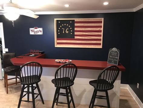 homemade bar built in old playroom turned into man cave...patriotic colors, ship lap Patriotic Man Cave, Patriotic Room, Homemade Bar, Ship Lap, Diy Home Bar, Bar Room, Rec Room, Home Bar, Man Cave