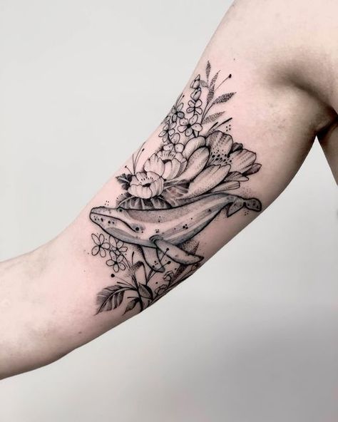 Floral Whale Tattoo, Whale Flowers Tattoo, Humpback Whale Tattoo, Whale Tattoo, Ocean Tattoo, Whale Tattoos, Ocean Tattoos, Small Girl Tattoos, Floral Tattoo Sleeve