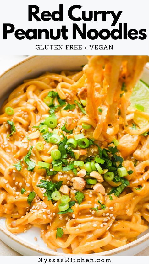 Vegan Thai Peanut Curry, Peanut Butter Curry Noodles, Peanut Curry Noodles, Dairy Free Noodle Recipes, Curry Noodles Recipe, Thai Curry Noodles, Impossible Recipes, Red Curry Noodles, Asian Sides