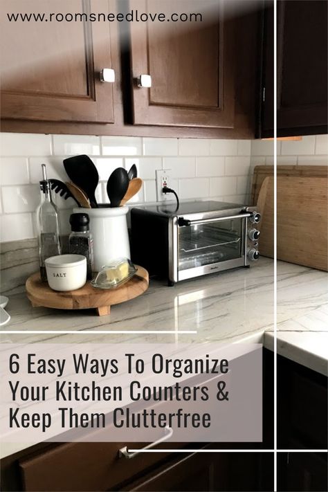 Are your kitchen counters overcrowded with clutter? Here are 6 easy ways to organize them and keep them clutter-free! Counter Organizer Kitchen, Kitchen Knife Block Counter Space, Kitchen Counter Utensil Organization, Kitchen Counter Organization Appliances, Organized Kitchen Counters, How To Organize Kitchen Counters, What To Put On Kitchen Counters, Clutter Free Kitchen Countertops, Organize Kitchen Countertops