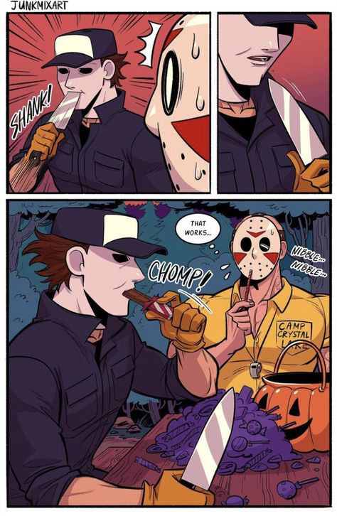 Camp Counselor Jason Comic, Michael Myers X Jason Voorhees Fanart, Jason Voorhees Camp Counselor, Jason Voorhees X Michael Myers, Jason X Michael, Jason X Michael Myers, Michael Myers Comic, Horror Movie Fanart, Camp Counselor Jason