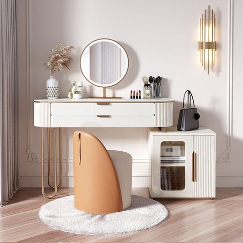 Everly Quinn Wilderstein Vanity | Wayfair Modern Makeup Vanity, Dressing Table With Drawers, Vanity Dressing Table, Modern Makeup, Rice White, Table With Drawers, Makeup Table Vanity, Stool Covers, Bedroom Accent