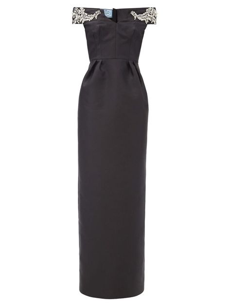 PRADA Off-the-shoulder wool-blend gown Prada Dress Couture, Prada Dresses, Prada Dress, Long Dresses Elegant, Color Dresses, Runway Dresses, Black Gown, Couture Gowns, Luxury Dress