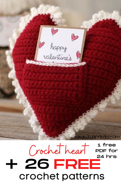 Valentine Amigurumi, Crochet Valentines Day, Valentine's Day Crochet, Mason Jar Cozy, Valentine Crochet, Crochet Valentine Patterns, Crochet Cushion Pattern, Crochet Valentines, Holiday Crochet Patterns