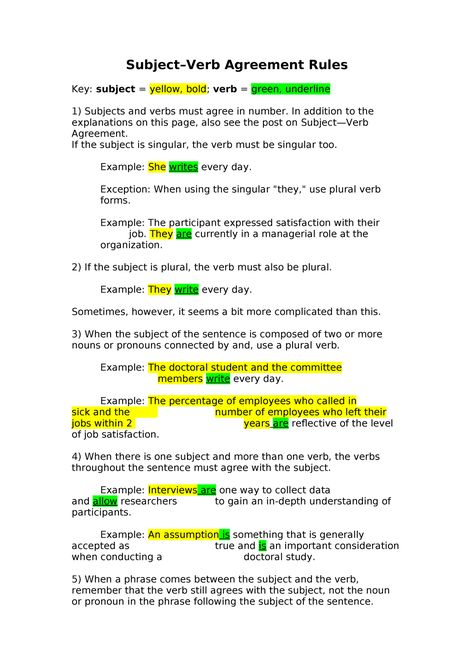 Subject Verb-Agreement-Rules - Subject–Verb Agreement Rules Key: subject = yellow, bold; verb = - Studocu Subject Verb Agreement Rules, Western Visayas, High School Books, Education Major, Subject Verb Agreement, Verb Forms, Write Every Day, Subject And Verb, Secondary Education