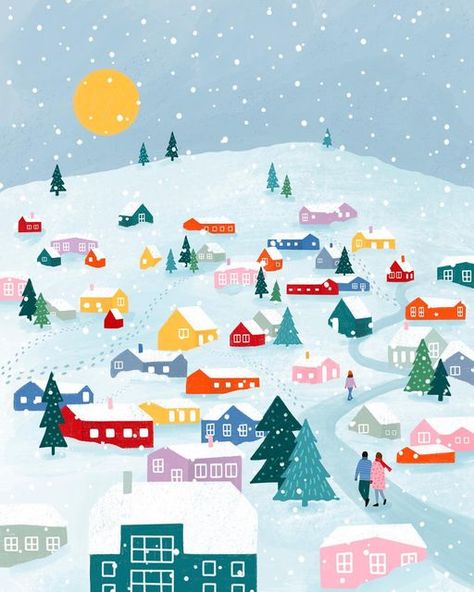 Winter Town Illustration, Winter Scene Illustration, Winter Village Art, Town Illustration, Winter Town, Village Art, Mountain Illustration, Winter Village, Blue Wall Decor