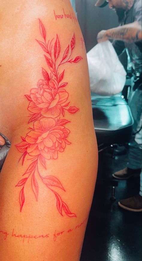 #redinktattoo #floraltattoo #womenstattoos #tattooideas #thightattooideas @lillyy14 give me credit ;) Red And White Flower Tattoo, Red Flower Hip Tattoo, Red Leaves Tattoo, Red Forearm Tattoo Women, Red Ink Flower Tattoo, Red Floral Tattoo, Thigh Floral Tattoo, Red Flowers Tattoo, Red Flower Tattoo