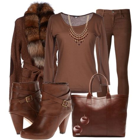 Brown, created by macymere on Polyvore Shirt Outfits Women, Brown Leather Jacket Outfit, Pant Outfits For Women, Brown Pants Outfit, Dressy Clothes, Dressing Tips, Shirt Outfits, Fashion Capsule Wardrobe, Brown Shirt