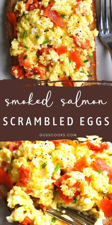 Smoked Salmon Scrambled Eggs—Succulent smoked salmon and scrambled eggs served on a warm wholegrain toast and topped with fresh chives. This healthy and easy salmon and eggs recipe is ideal for breakfast or Sunday brunch. Salmon Scrambled Eggs, Smoked Salmon Breakfast, Breakfast Eggs Scrambled, Smoked Salmon And Eggs, Salmon Breakfast, Shrimp And Eggs, Smoked Salmon Recipes, Salmon Eggs, Yummy Seafood