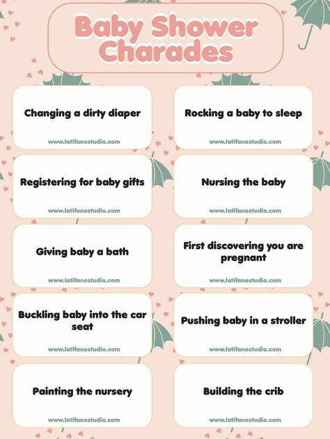 Welcome to these exciting baby shower charades, where you’ll be acting out activities associated with taking care of a baby! From the joy of discovering pregnancy to the not-so-fun task of changing diapers, we’ll cover it all. Baby Shower Charades, Charades Cards, Printable Board Games, Let The Fun Begin, Printable Games, Baby Shower Printables, Move On, Nurse Gifts, Board Games