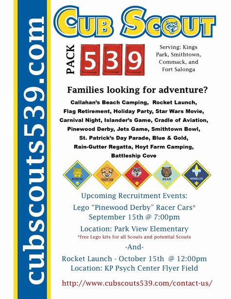 Recruitment Flyer, Tiger Scouts, Wolf Scouts, Cub Scout Activities, Scout Crafts, Banquet Ideas, Lego Kits, Free Lego, Scout Activities