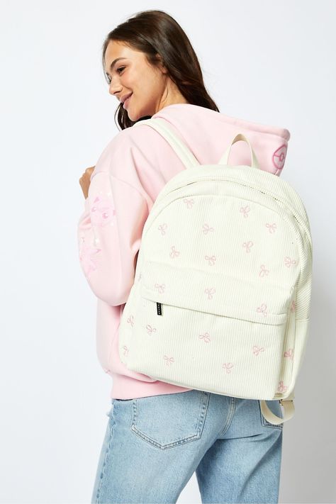 100% Polyester.Womens Bow Embroidered Backpack in Cream -  white Polyester Women > Bags Trending Backpacks 2024, Coquette Doodles, Uni Essentials, University Essentials, Braces Girls, London Accessories, Nike Cap, Embroidered Backpack, 5th Class