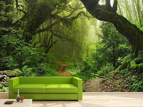 Amazon.com: JHISY Wall Mural Forest Tree Wall Art Decor Large Murals for Walls for Living Room Bedroom Wallpaper Wall Stickers : Tools & Home Improvement Wallpaper Bedroom Green, One Wall Wallpaper Bedroom, One Wall Wallpaper, Walls For Living Room, Foggy Green Forest, Living Room Forest, Green Forest Wallpaper, Wall Mural Forest, Room Forest