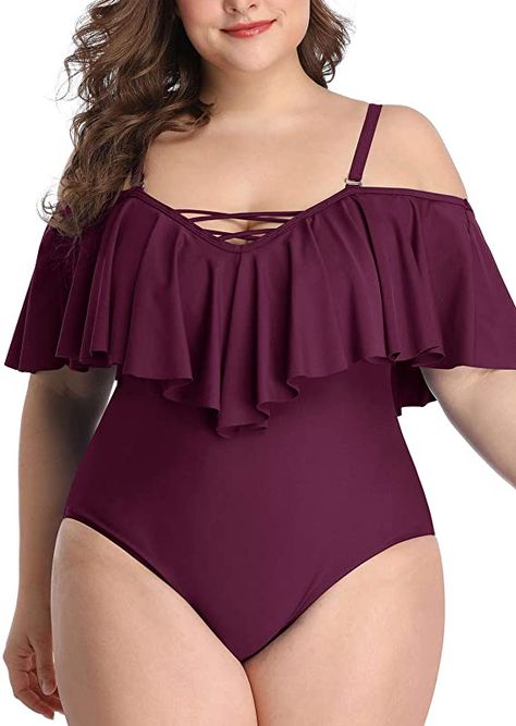 Flounce Swimsuit, Off The Shoulder Swimsuit, Vintage Bathing Suits, Plus Size One Piece, Plus Size Swim, Plus Size Swimsuits, Suit Fabric, Swimsuit Fashion, Plus Size Swimwear