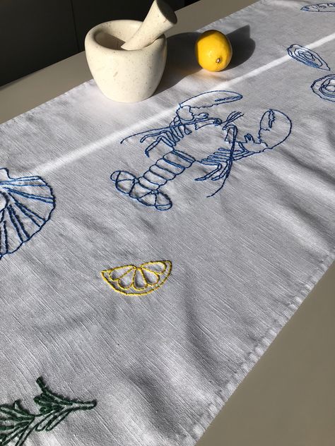 Greek Apartment, Lamp Embroidery, White Linen Table, Embroidered Table Cloth, Embroidery Tablecloth, Lemon Rosemary, Linen Cocktail Napkins, Embroidered Tablecloth, Embroidery On Clothes