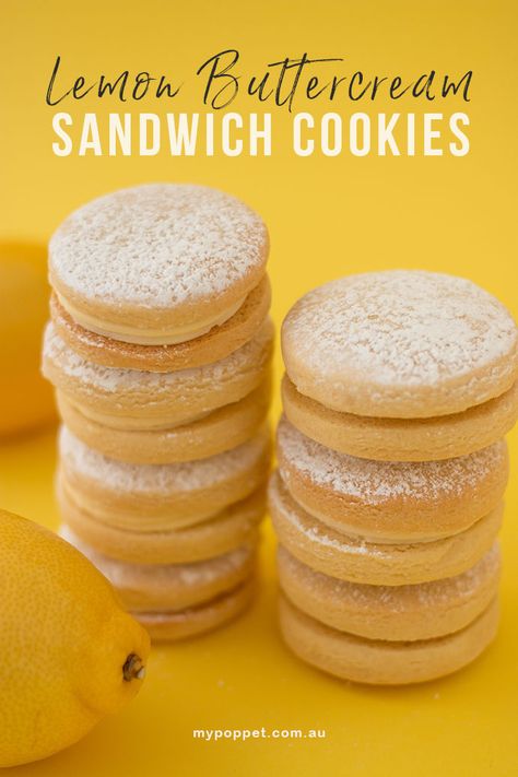 Lemon Cream Cookies, Lemon Sandwich Cookies Recipe, Pastry Sandwiches, Lemon Sandwich Cookies, Lemon Sandwich, Lemon Buttercream Icing, Lemon Biscuits, Cookies Lemon, Lemon Tea Cake