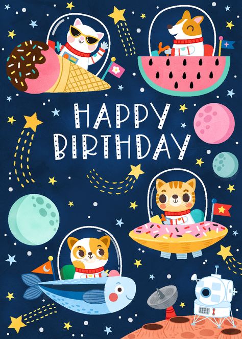 Liv Wan | Advocate Art Free Association, Happy Birthday Illustration, Happy Birthday Kids, Creative Wrapping, Space Animals, Celebrate Birthday, Birthday Illustration, Space Illustration, Advocate Art