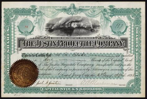 Justin Projectile Company stock certificate | Image courtesy… | Flickr Certificate Images, Stock Certificates, Jersey City