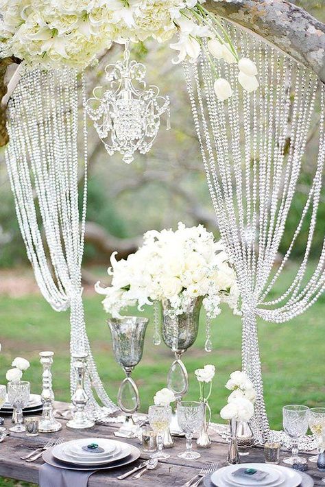 30 Silver Wedding Decor Ideas ❤ silver wedding decor ideas white roses in tall vases crystals décor above the table Lavender & Twine #weddingforward #wedding #bride #weddingdecor #silverweddingdecorideas Crystal Curtains, Photos Booth, Festa Party, Beaded Curtains, Glamorous Wedding, Silver Wedding, Romantic Wedding, Pom Poms, The Table