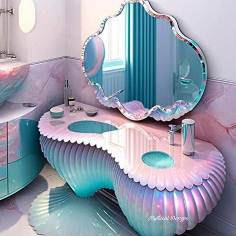 Mermaid Aesthetic Bathroom, Mermaid Aesthetic Room, Mermaid Theme Bathroom, Mermaid Themed Bathroom, Mermaid Vanity, Mermaid Furniture, Mermaid Theme Room, Mermaid House, Underwater Room