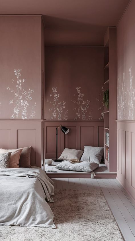 A serene bedroom with muted pink walls, complemented by light furniture and soft bedding in neutral tones, creating a peaceful retreat. Pink Room Inspiration Bedroom, Muted Pink Bedroom, Dusty Pink Room, Modern Pink Bedroom, Dusky Pink Bedroom, Pink And Grey Bedroom, Pink Bedroom Walls, Marbella Villas, Feminine Bedroom